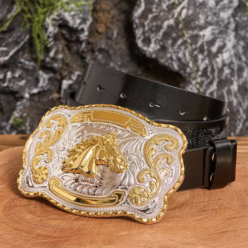 Gold Horse Head DIY Western Cowboy Buckle Leather Belt - Image 2