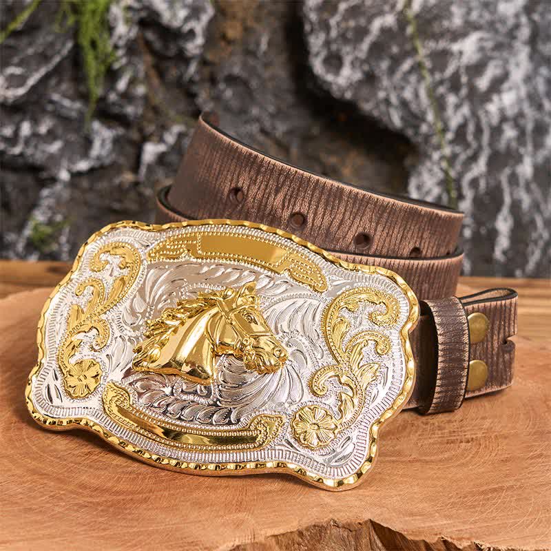 Gold Horse Head DIY Western Cowboy Buckle Leather Belt - Image 6