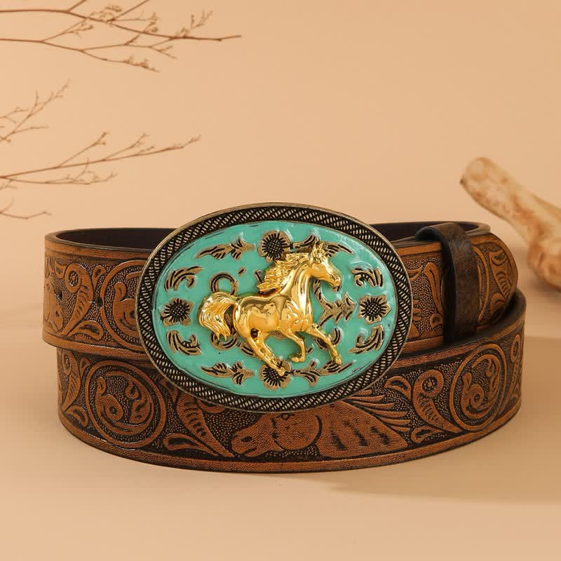 Gold Horse Turquoise-Tone Buckle Horse Embossed Leather Belt