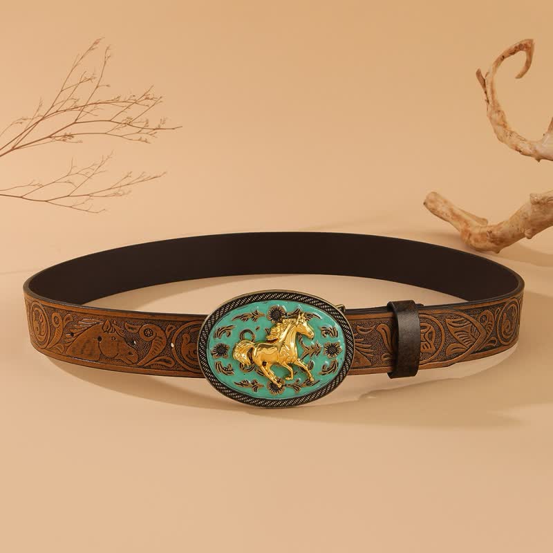 Gold Horse Turquoise-Tone Buckle Horse Embossed Leather Belt - Image 4