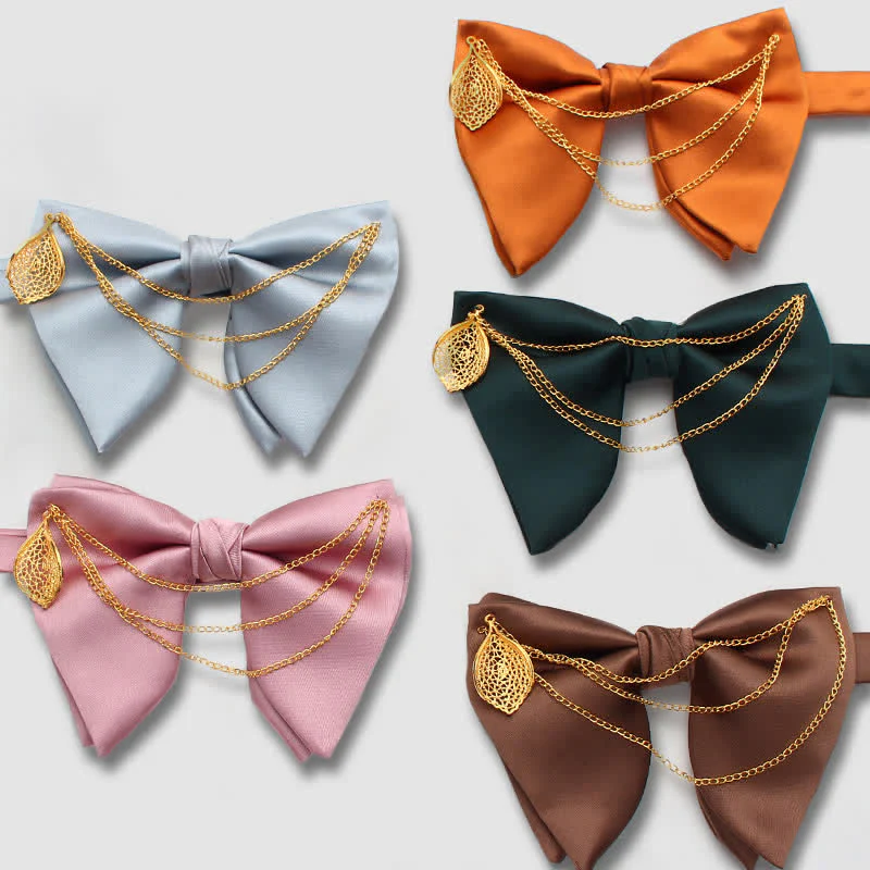 Gold Leaf Decor Oversized Pointed Bow Tie With Chain