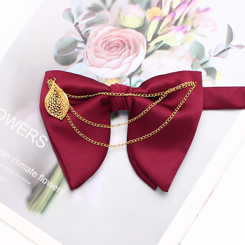 Gold Leaf Decor Oversized Pointed Bow Tie With Chain - Image 2