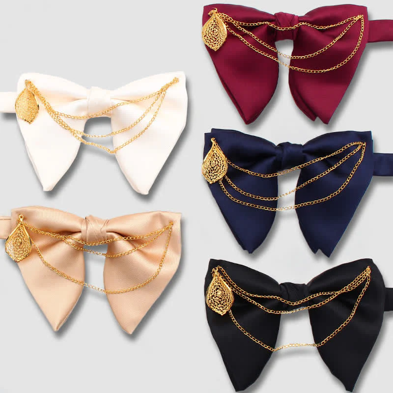 Gold Leaf Decor Oversized Pointed Bow Tie With Chain - Image 5