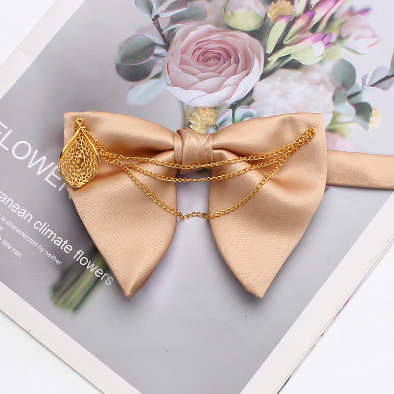 Gold Leaf Decor Oversized Pointed Bow Tie With Chain - Image 7