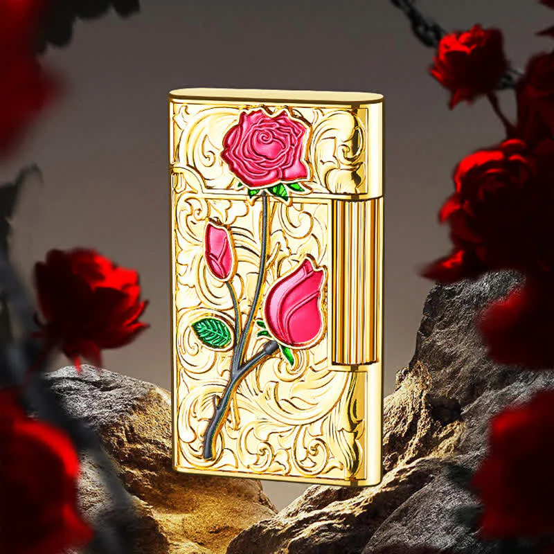 Gold Red Rose Flint Side Slide Refillable Butane Lighter - Image 3