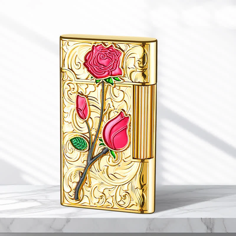 Gold Red Rose Flint Side Slide Refillable Butane Lighter - Image 7