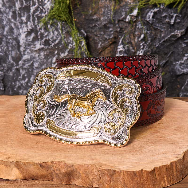 Gold Running Horse DIY Western Cowboy Buckle Leather Belt - Image 10