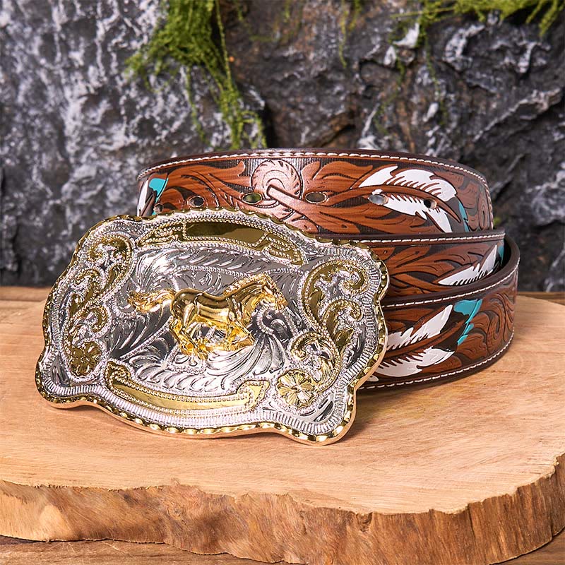 Gold Running Horse DIY Western Cowboy Buckle Leather Belt - Image 11