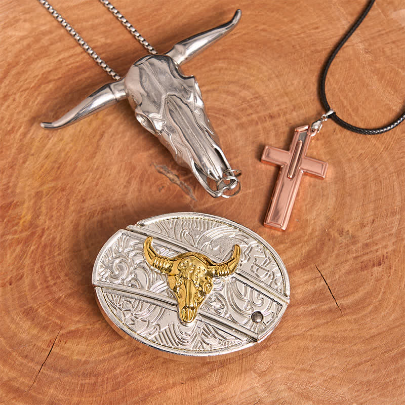 Gold & Silver Bull DIY Hidden Knife Belt Buckle Cross Necklace Bundle Set - Image 2