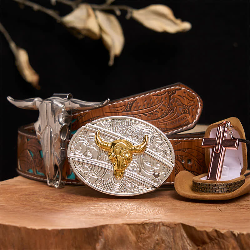 Gold & Silver Bull DIY Hidden Knife Belt Buckle Cross Necklace Bundle Set - Image 4
