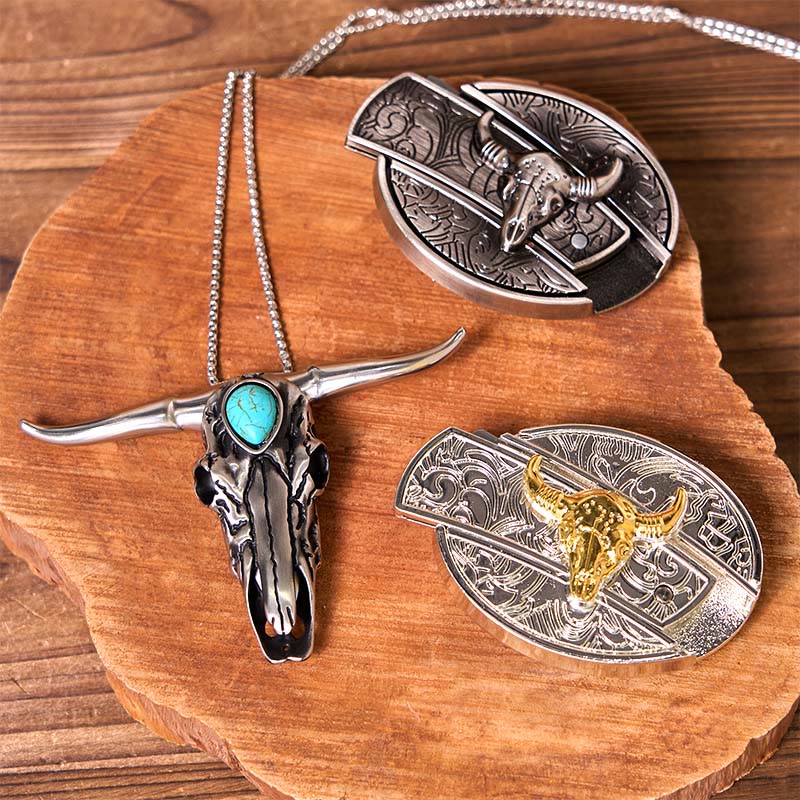 Gold Silver Bull DIY Knife Belt Buckle With Turquoise Longhorn Pendant Bundle Set - Image 2