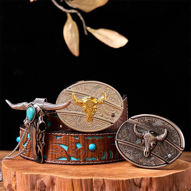 Gold Silver Bull DIY Knife Belt Buckle With Turquoise Longhorn Pendant Bundle Set - Image 4