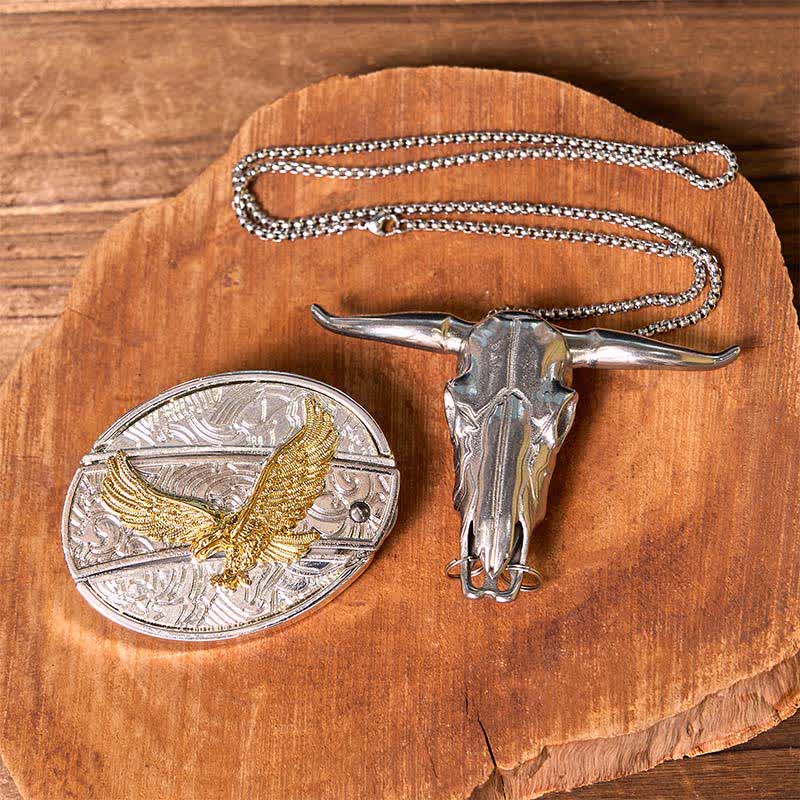 Gold & Silver DIY Hidden Knife Belt Buckle Longhorn Bull Pendant Bundle Set - Image 27