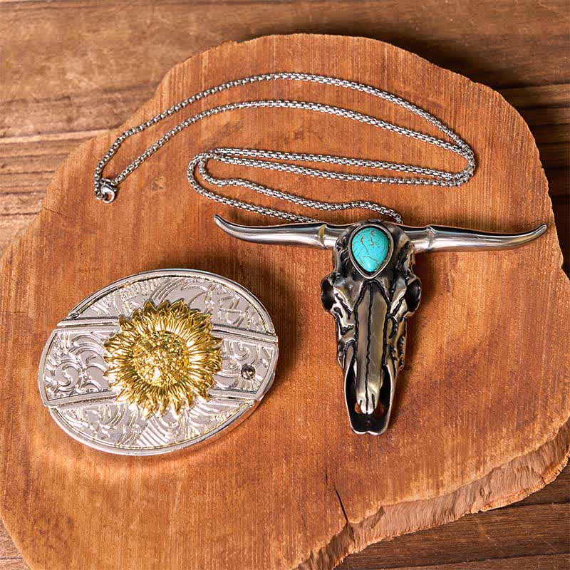 Gold & Silver DIY Hidden Knife Belt Buckle Turquoise Longhorn Pendant Bundle Set - Image 12