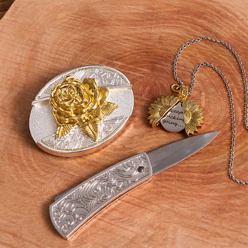 Gold & Silver DIY Rose Hidden Knife Belt Buckle Sunflower Necklace Bundle Set - Image 3