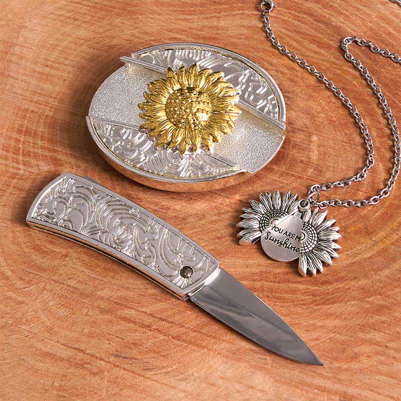 Gold & Silver DIY Sunflower Theme Hidden Knife Belt Buckle Necklace Bundle Set - Image 14