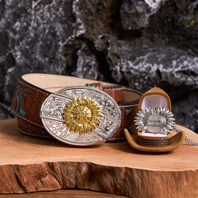 Gold & Silver DIY Sunflower Theme Hidden Knife Belt Buckle Necklace Bundle Set - Image 20