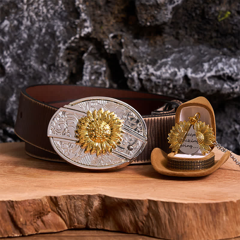 Gold & Silver DIY Sunflower Theme Hidden Knife Belt Buckle Necklace Bundle Set - Image 8