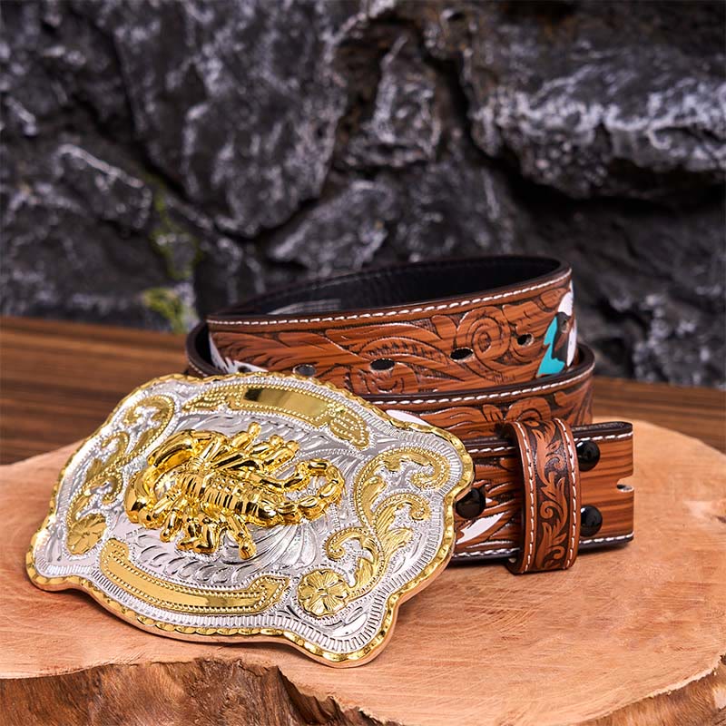 Gold Silver Floral Scorpion DIY Buckle Leather Belt - Image 11