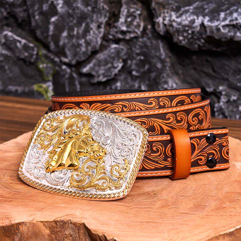 Gold & Silver Horse Head DIY Large Buckle Leather Belt - Image 10