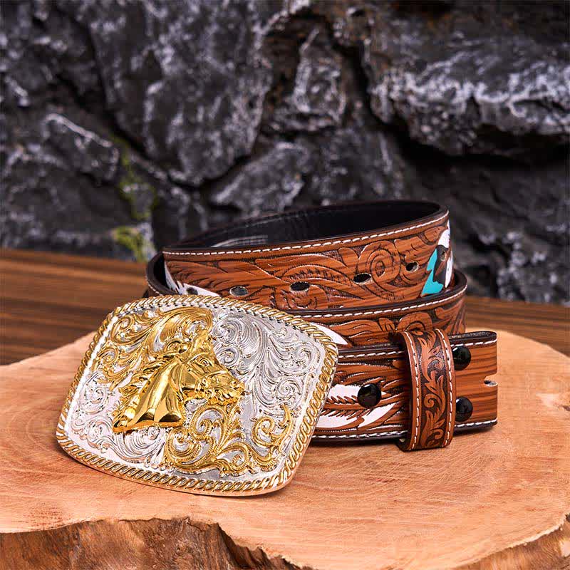 Gold & Silver Horse Head DIY Large Buckle Leather Belt - Image 11