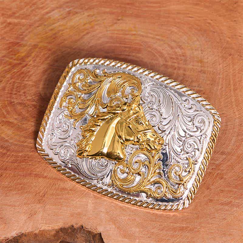 Gold & Silver Horse Head DIY Large Buckle Leather Belt - Image 2