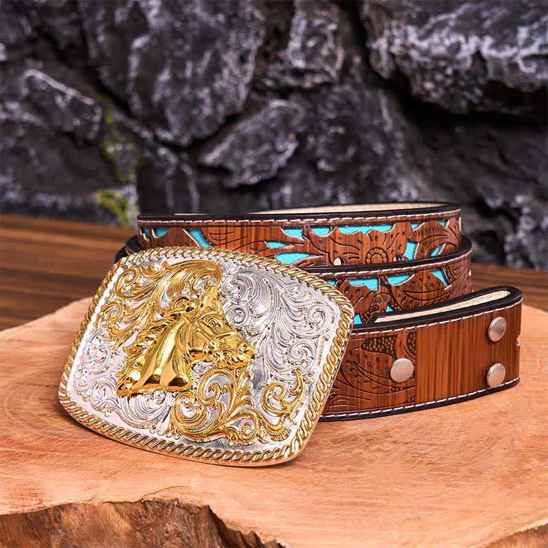 Gold & Silver Horse Head DIY Large Buckle Leather Belt - Image 7