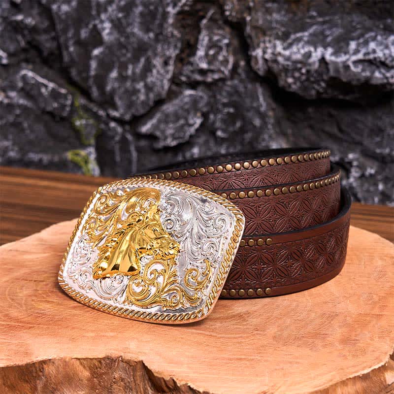 Gold & Silver Horse Head DIY Large Buckle Leather Belt - Image 8