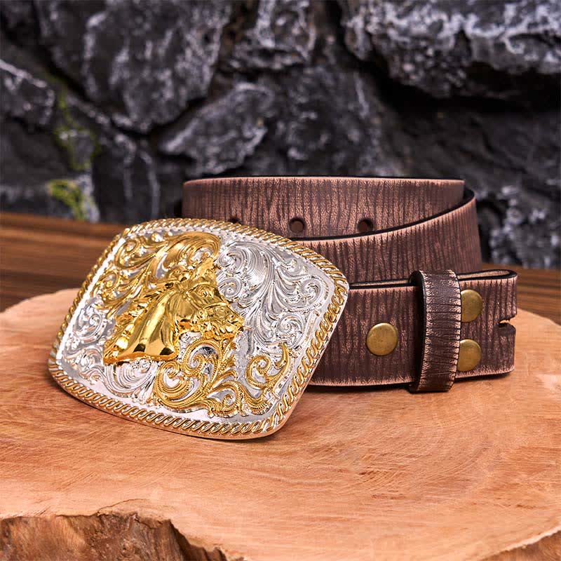 Gold & Silver Horse Head DIY Large Buckle Leather Belt - Image 9
