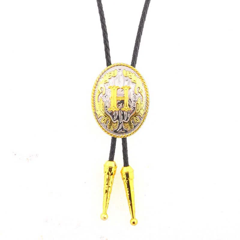 Gold & Silver Two-Tone Oval Initial Letter Leather Bolo Tie - Image 10