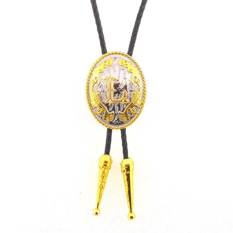 Gold & Silver Two-Tone Oval Initial Letter Leather Bolo Tie - Image 14