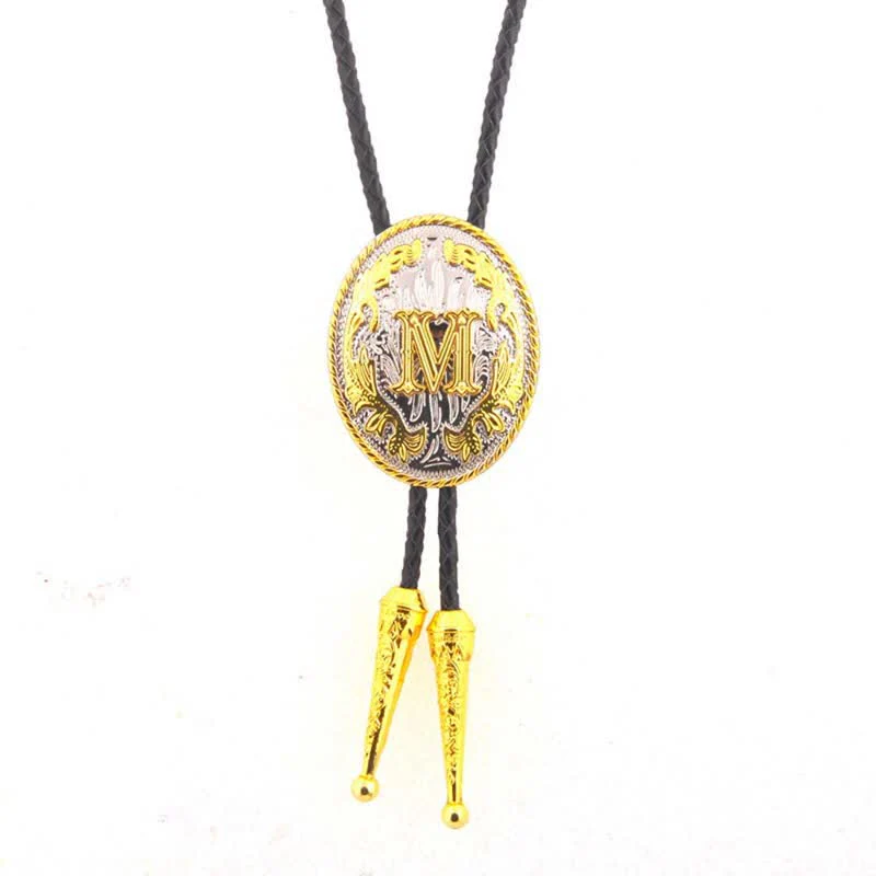 Gold & Silver Two-Tone Oval Initial Letter Leather Bolo Tie - Image 15