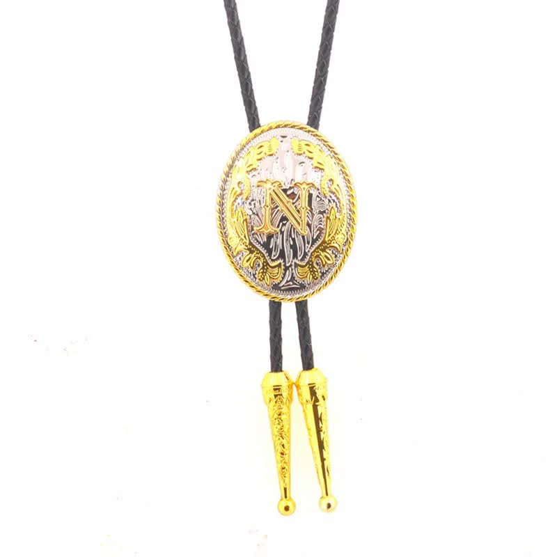 Gold & Silver Two-Tone Oval Initial Letter Leather Bolo Tie - Image 16