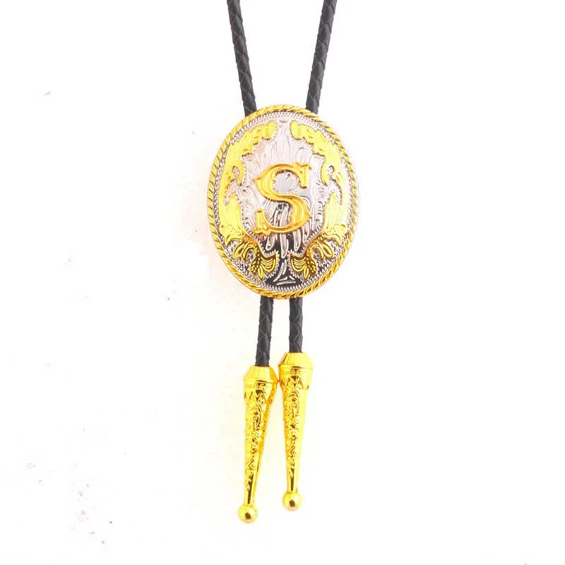 Gold & Silver Two-Tone Oval Initial Letter Leather Bolo Tie - Image 20
