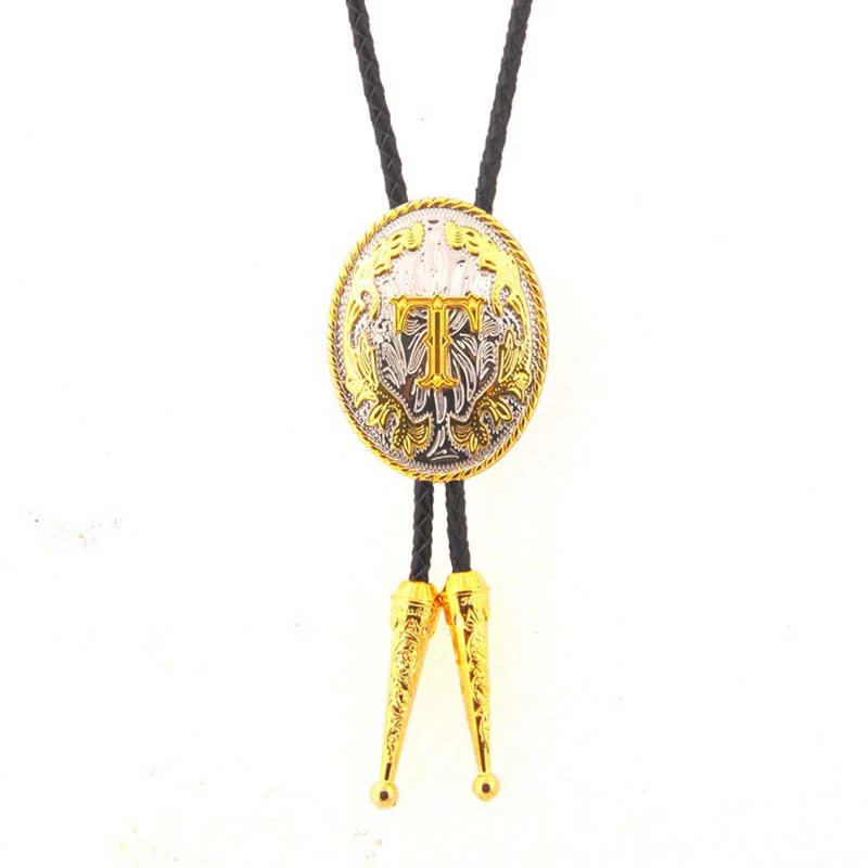 Gold & Silver Two-Tone Oval Initial Letter Leather Bolo Tie - Image 21