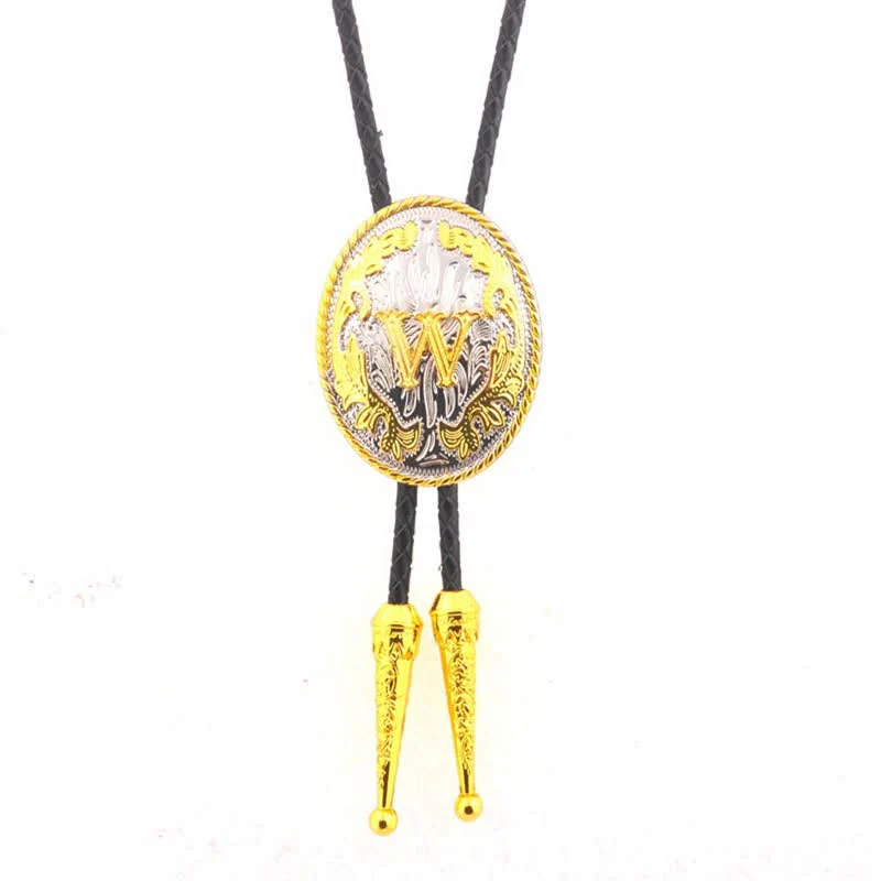 Gold & Silver Two-Tone Oval Initial Letter Leather Bolo Tie - Image 24