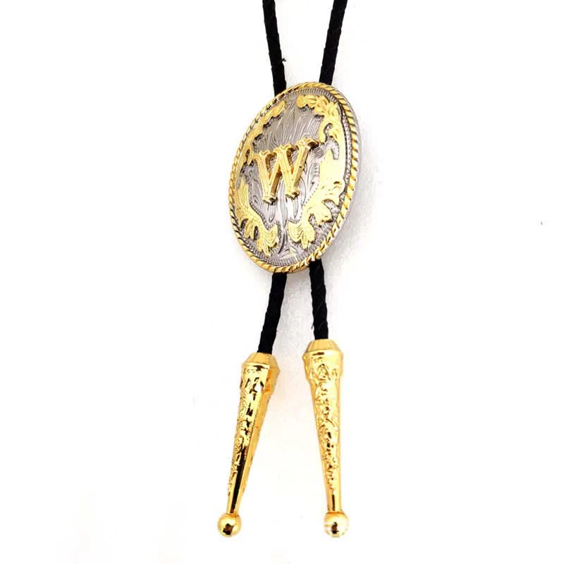 Gold & Silver Two-Tone Oval Initial Letter Leather Bolo Tie - Image 3