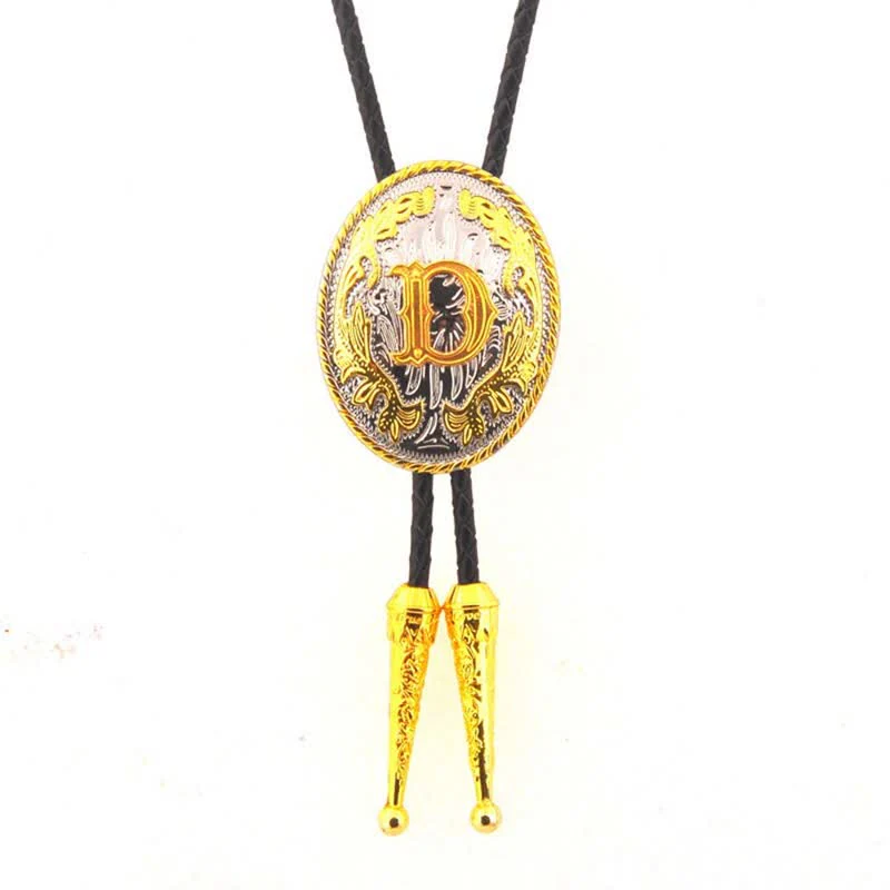 Gold & Silver Two-Tone Oval Initial Letter Leather Bolo Tie - Image 6