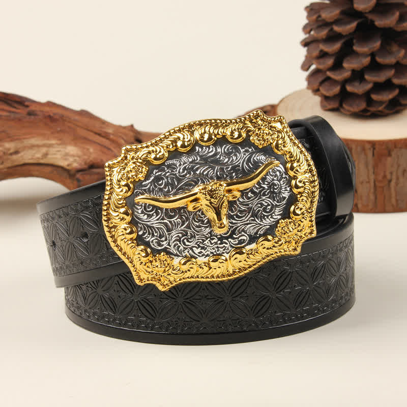Gold & Silver Western Bull Buckle Leather Belt - Image 2