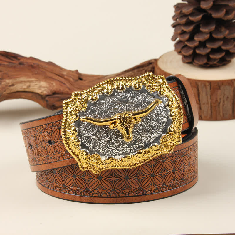 Gold & Silver Western Bull Buckle Leather Belt - Image 3