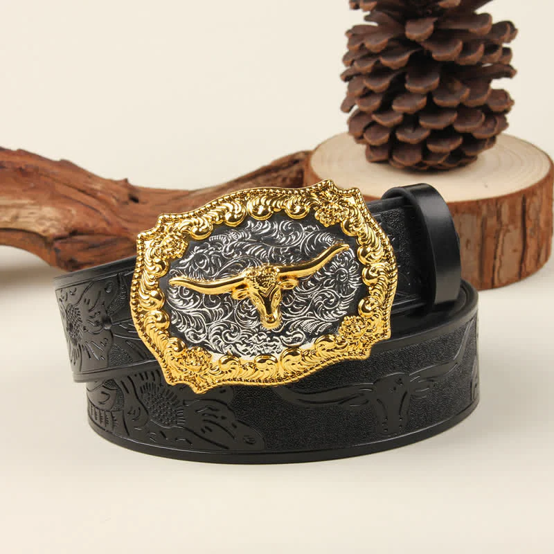 Gold & Silver Western Bull Buckle Leather Belt - Image 5