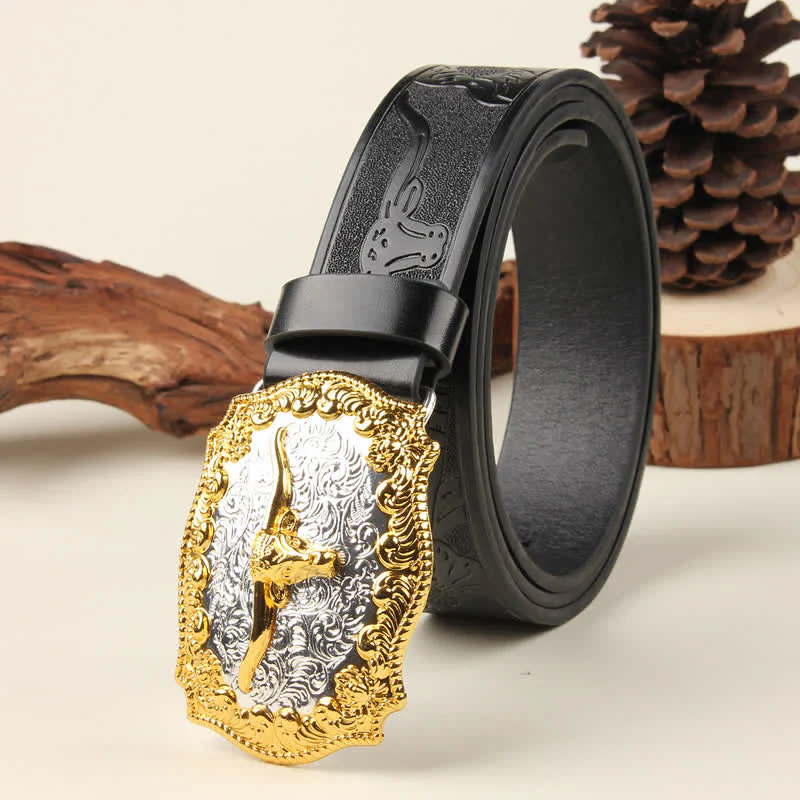 Gold & Silver Western Bull Buckle Leather Belt - Image 6
