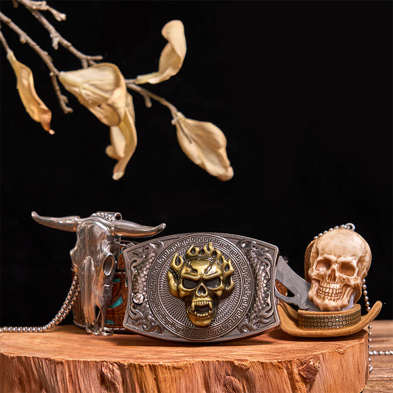 Gold Skull DIY Hidden Knife Belt Buckle Bull Pendant Skull Head Necklace Bundle Set - Image 11