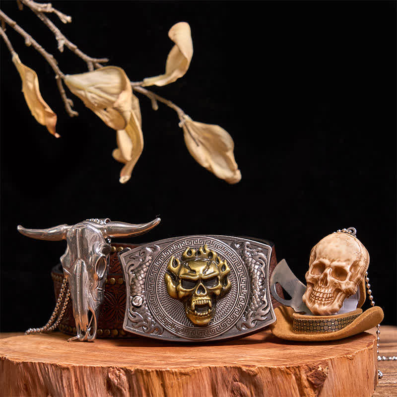 Gold Skull DIY Hidden Knife Belt Buckle Bull Pendant Skull Head Necklace Bundle Set - Image 12