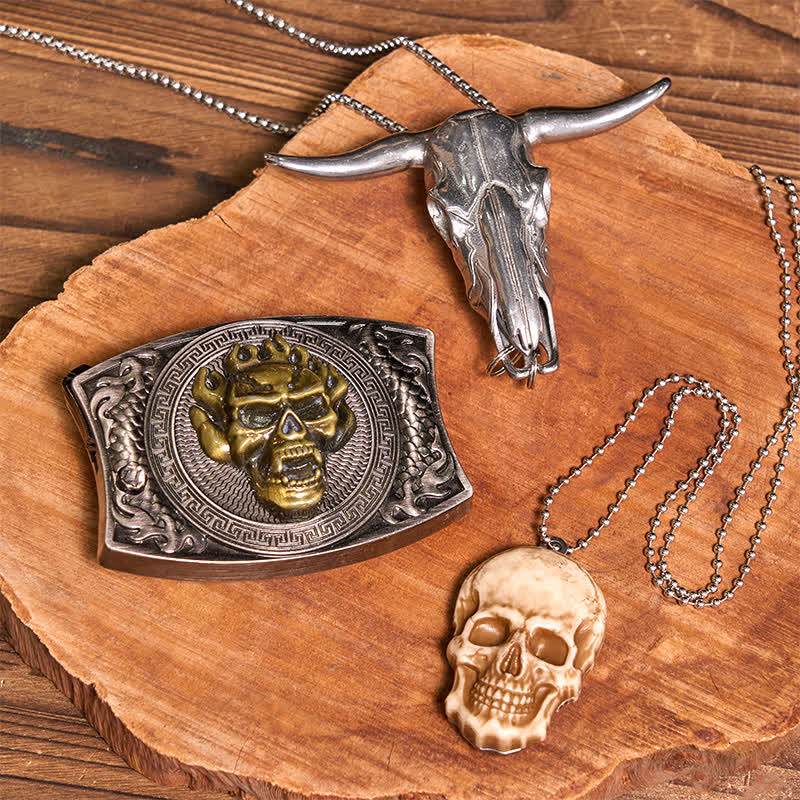 Gold Skull DIY Hidden Knife Belt Buckle Bull Pendant Skull Head Necklace Bundle Set - Image 2