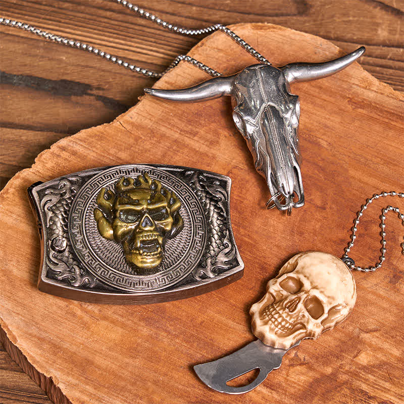 Gold Skull DIY Hidden Knife Belt Buckle Bull Pendant Skull Head Necklace Bundle Set - Image 3