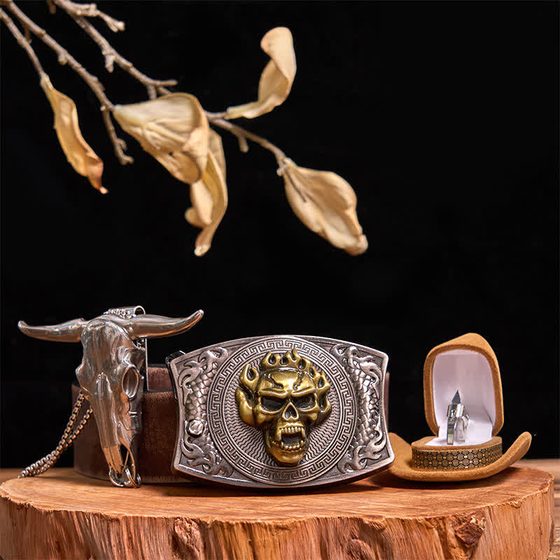 Gold Skull DIY Hidden Knife Belt Buckle Bull Pendant Tactical Ring Bundle Set - Image 10