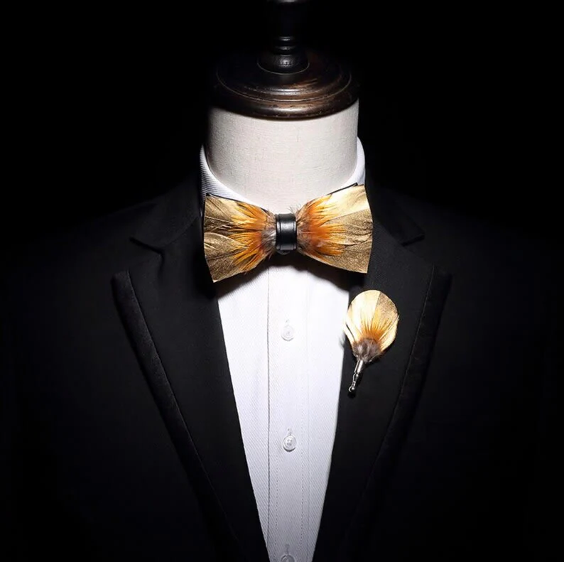Gold & Tobacco Feather Bow Tie with Lapel Pin - Image 3