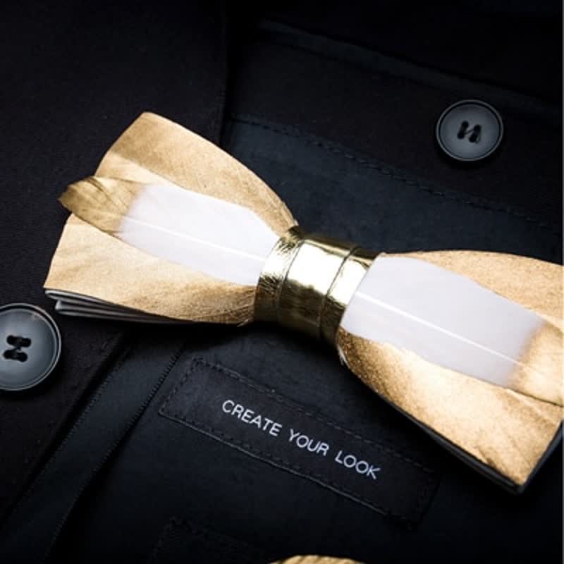 Gold & White Butterscotch Feather Bow Tie with Lapel Pin - Image 2