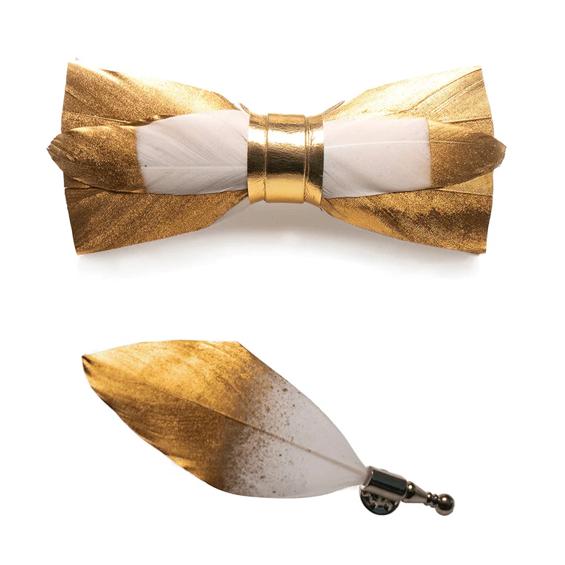Gold & White Butterscotch Feather Bow Tie with Lapel Pin - Image 4